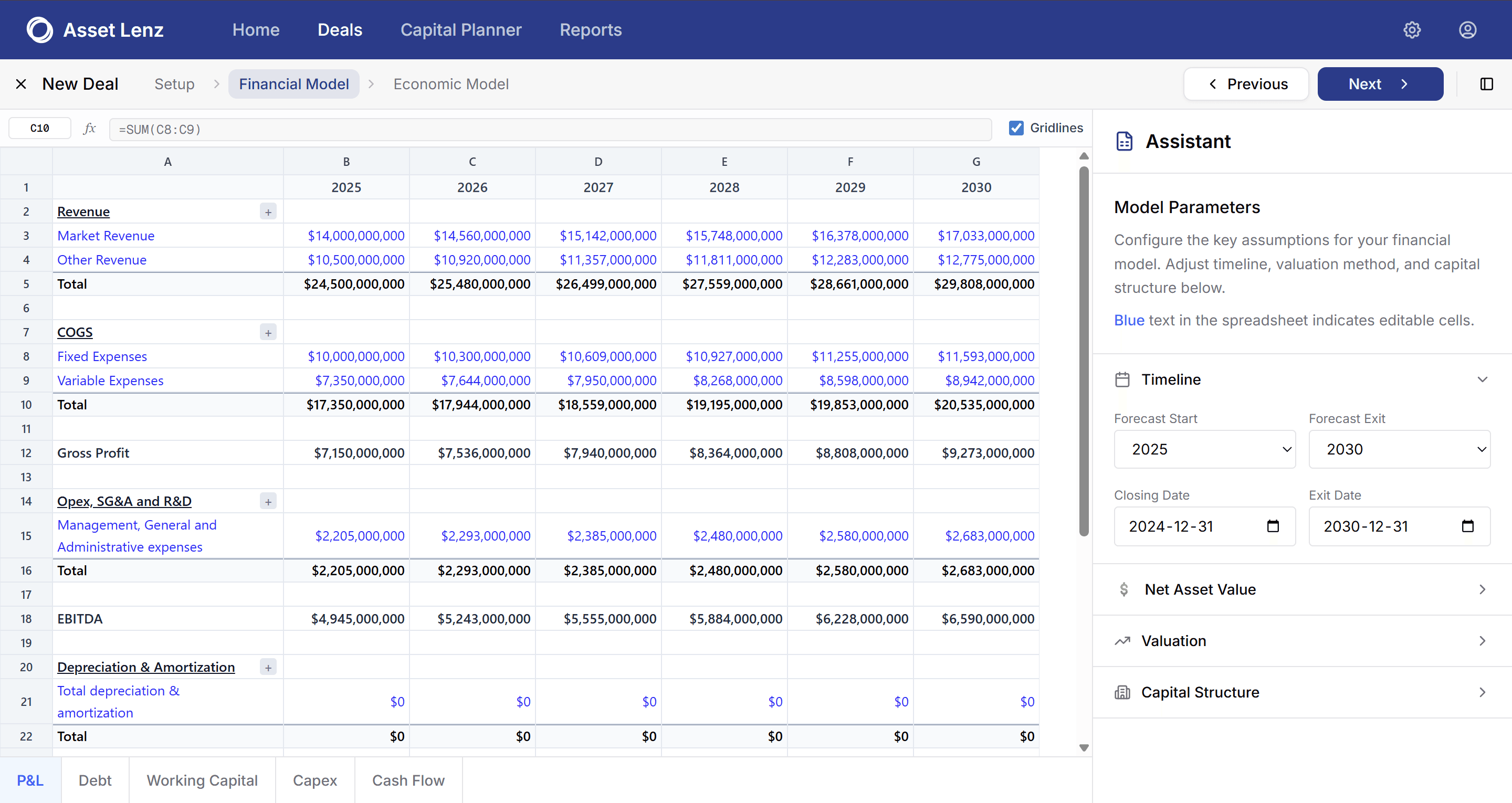 Asset Lenz Deal Wizard - Excel-like interface with quant augmentation
